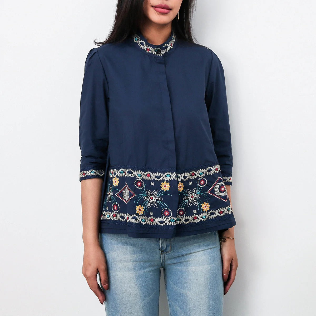 Women’s Tunic Blouse - Cotton - Relaxed Fit - High Collar - Embroidered Detail