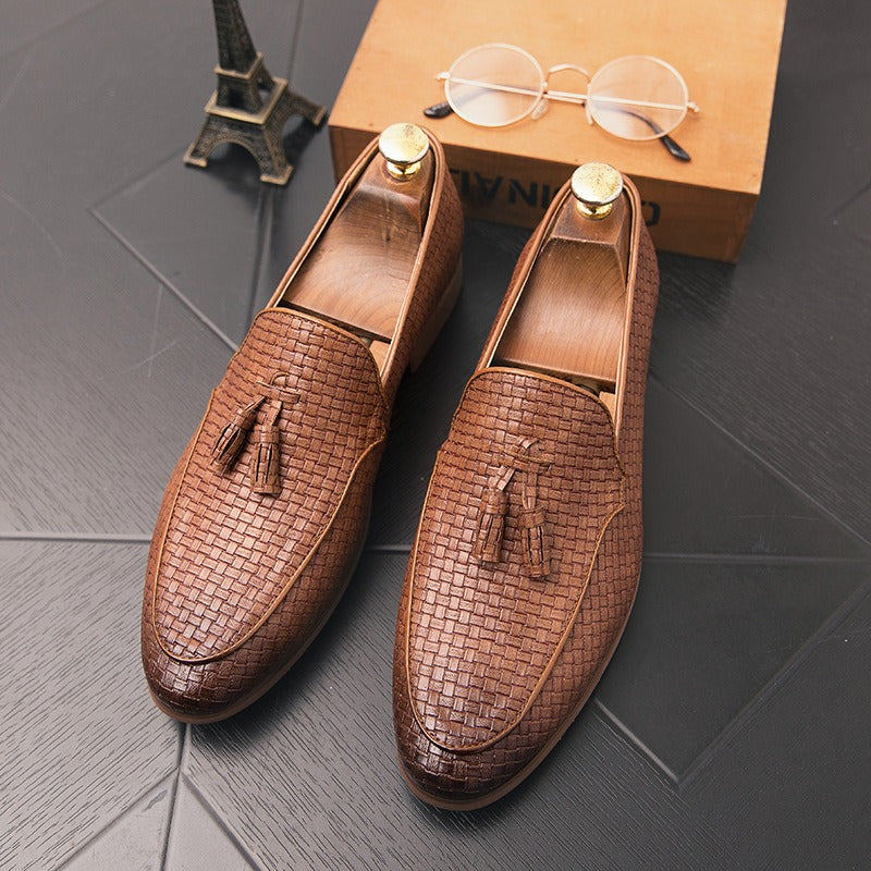 Men’s Loafers – Slip-On – Dress Shoes – Basketweave Texture – Almond Toe – Tassel Detail