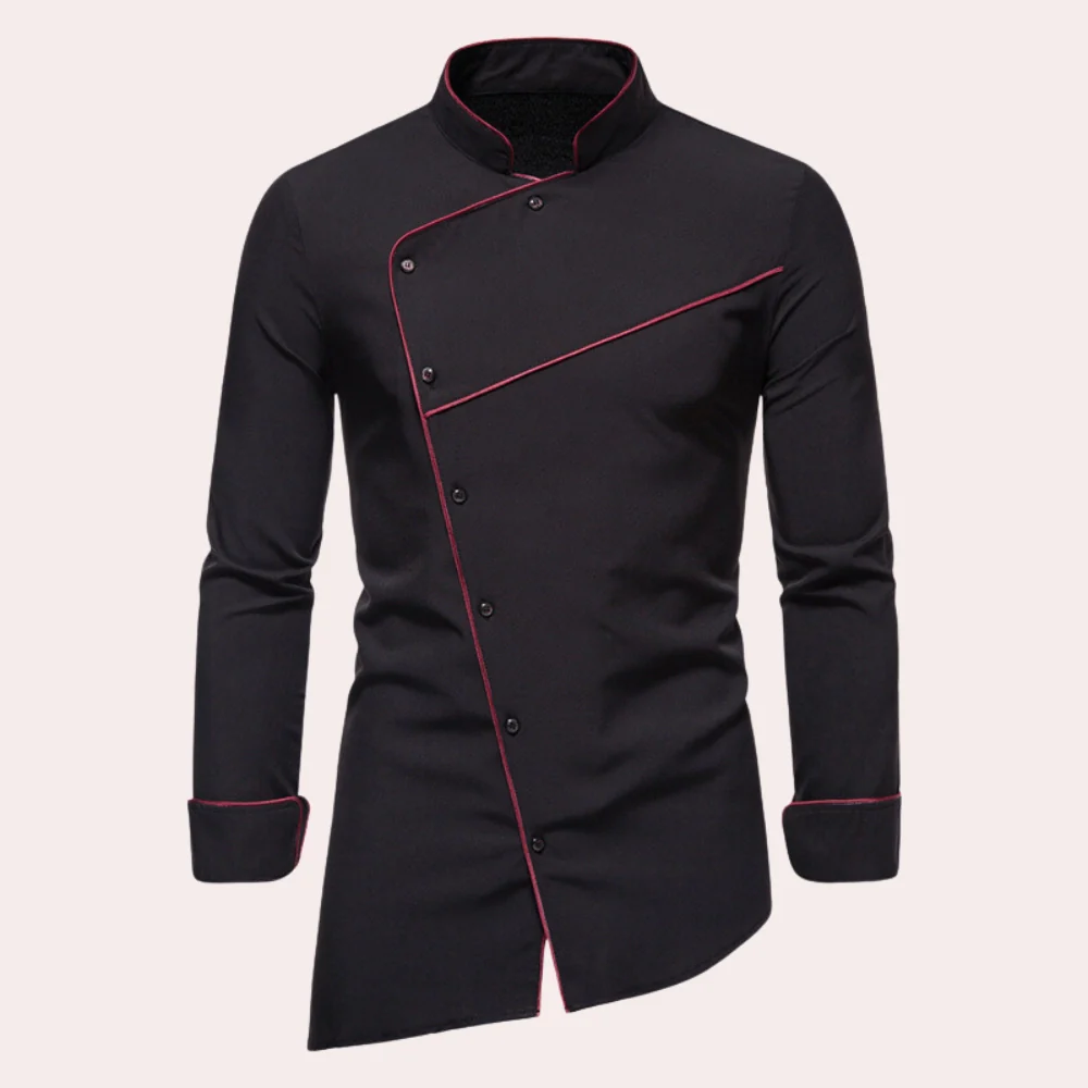 Men’s Shirt – Slim Fit – Woven Cotton – Stand Collar – Asymmetric Button – Piping Detail