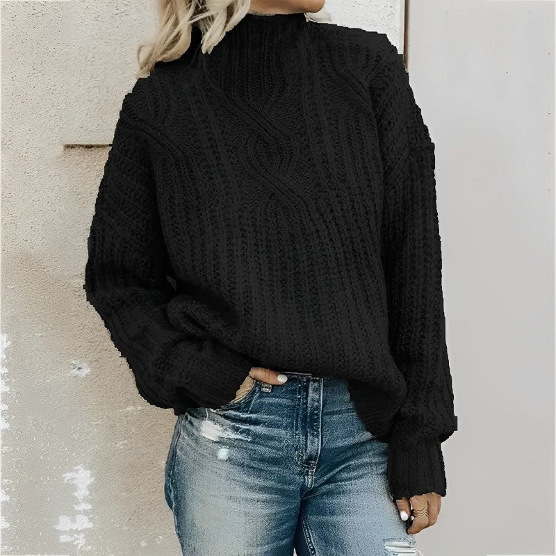 Women’s Sweater – Oversized Fit – Wool Blend – Cable Knit – High Neck – Drop Shoulder