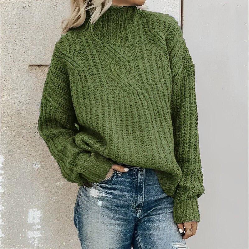 Women’s Sweater – Oversized Fit – Wool Blend – Cable Knit – High Neck – Drop Shoulder