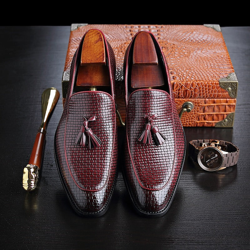 Men’s Loafers – Slip-On – Dress Shoes – Basketweave Texture – Almond Toe – Tassel Detail