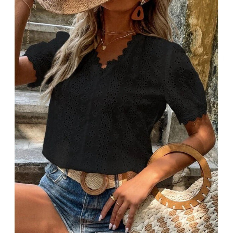Women’s Short Sleeve Shirt – Relaxed Fit – Eyelet Pattern – Scalloped V-Neck – Cotton