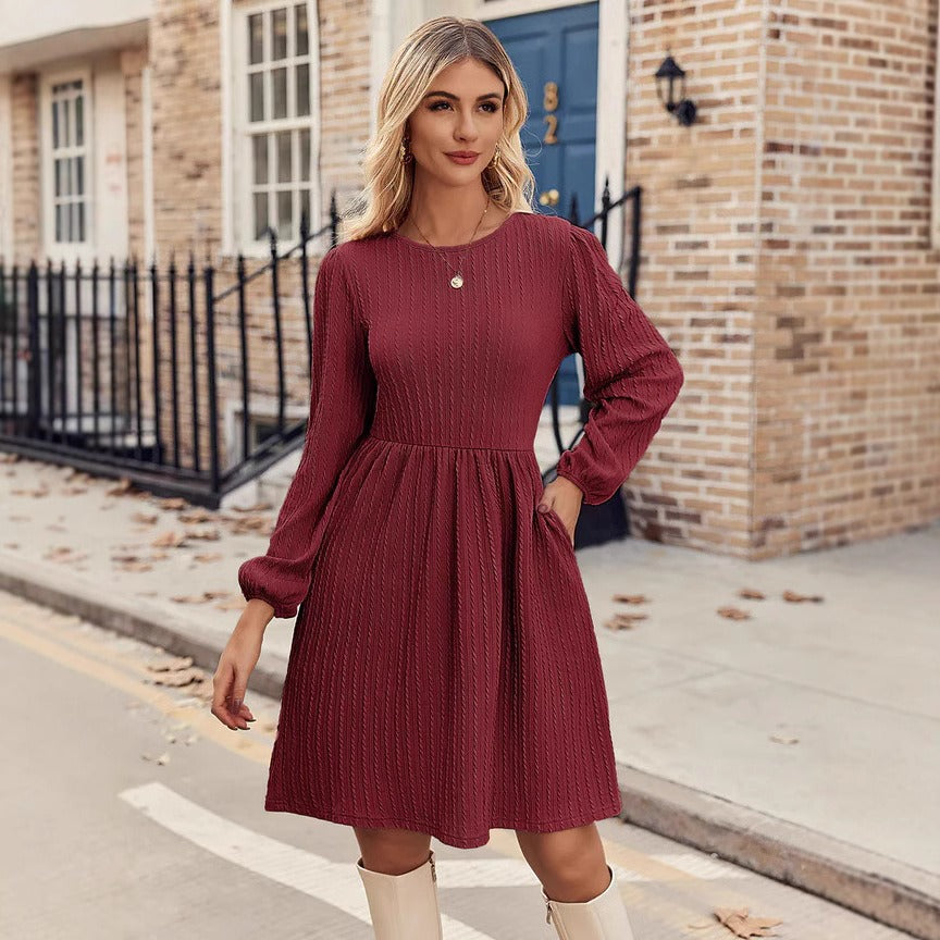 Women’s Knit Dress – Fit and Flare – Jacquard Texture – Puff Long Sleeve – Round Neck