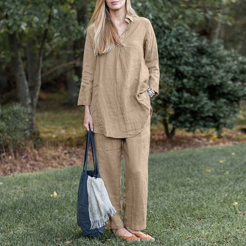 Women’s Matching Set – Relaxed Fit Shirt and Pants – Linen Blend – High Waist Wide Leg
