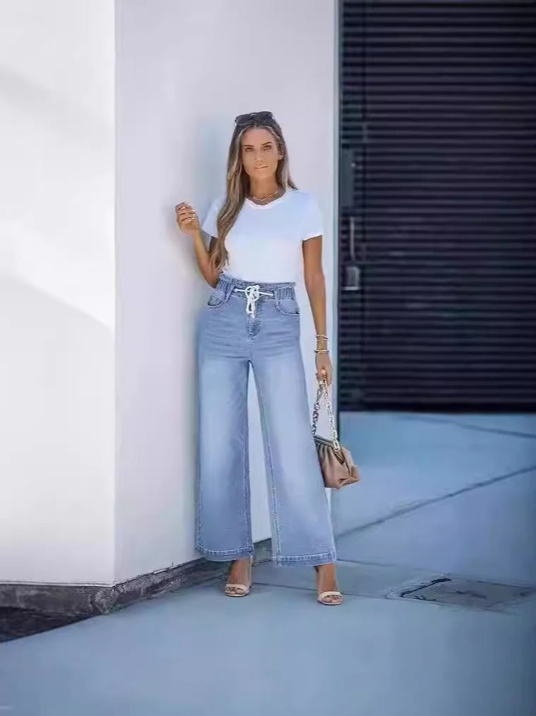 Women’s Wide-Leg Jeans – High Waist – Elastic Drawstring – Flared Relaxed Fit