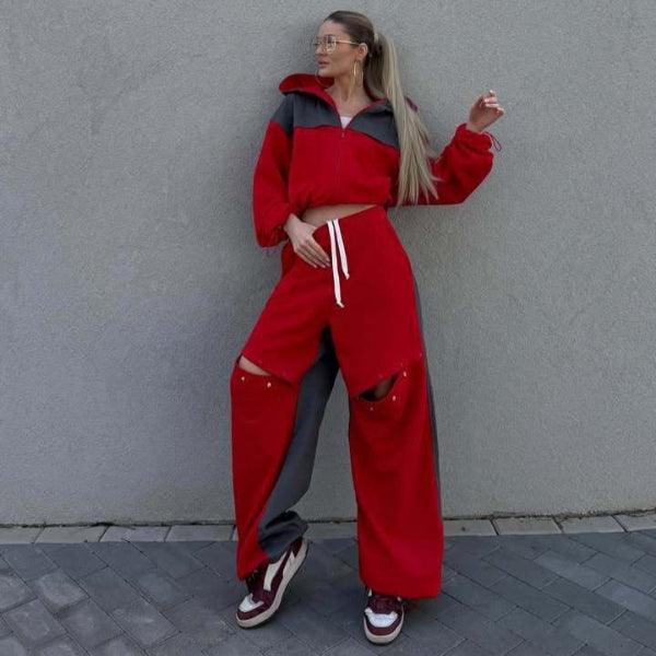 Women’s Loungewear Set – Cropped Hoodie – Wide Leg Pants – Cotton Blend – Relaxed Fit