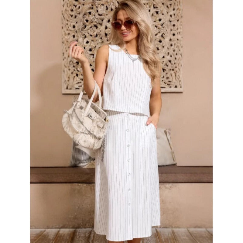 Women’s Two-Piece Set – Relaxed Fit Crop Top – Button-Front Midi Skirt – Cotton Blend