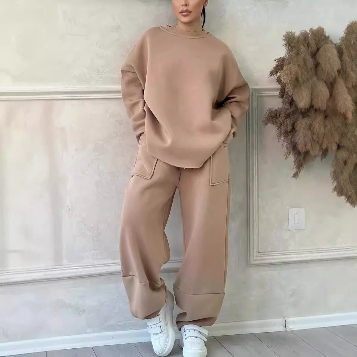 Women’s Lounge Set – Cotton Blend – Oversized Fit – Crew Neck – Wide Leg Pants