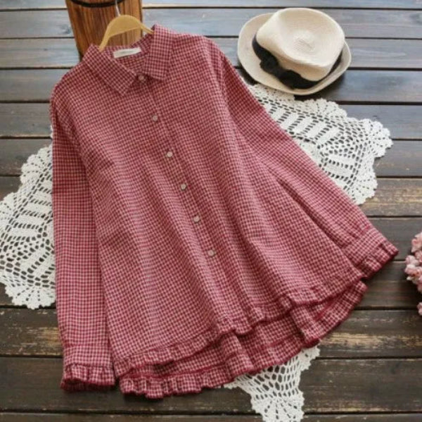 Women’s Button-Down Shirt – Cotton Linen – Loose Fit – A-Line Ruffle Hem – Checkered