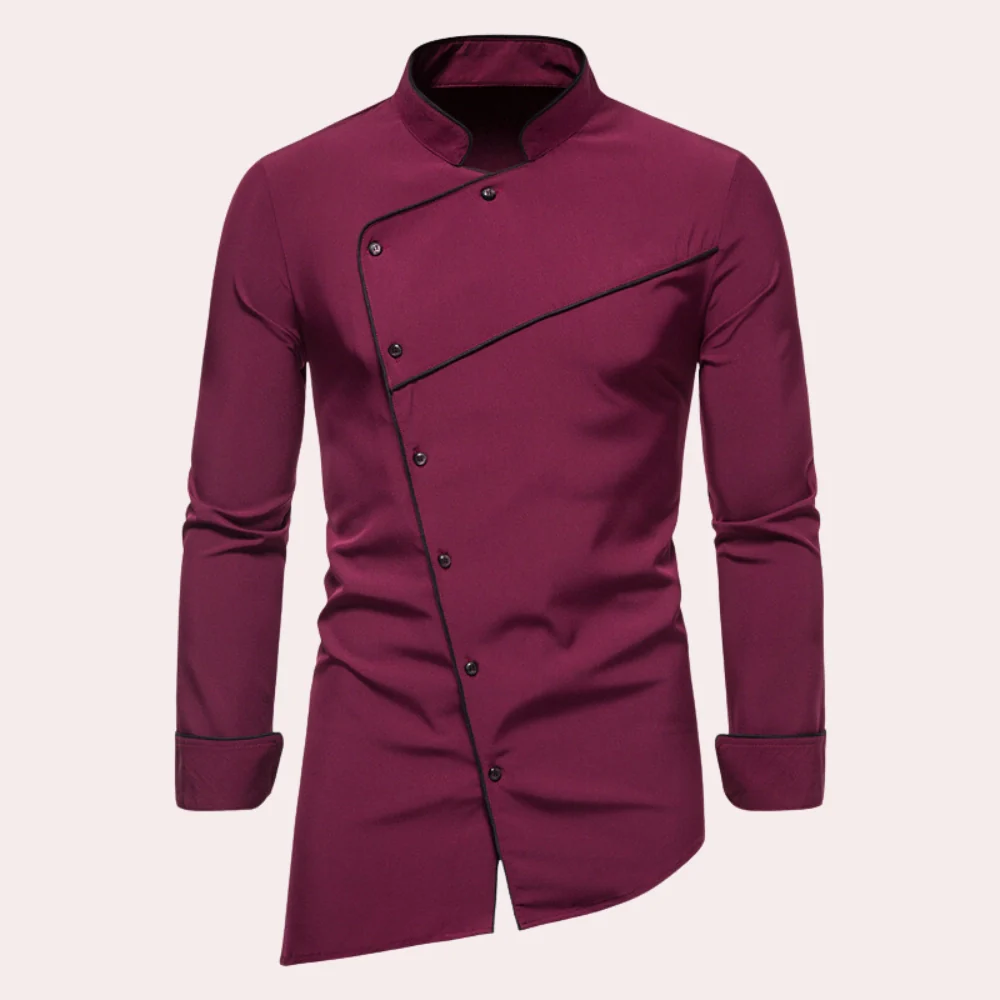 Men’s Shirt – Slim Fit – Woven Cotton – Stand Collar – Asymmetric Button – Piping Detail