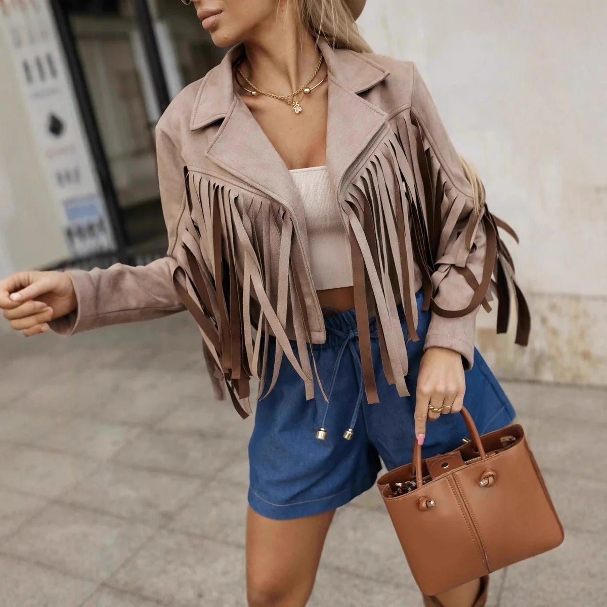 Women’s Fringe Jacket – Tailored Fit – Soft Touch – Cropped Length – Open Front