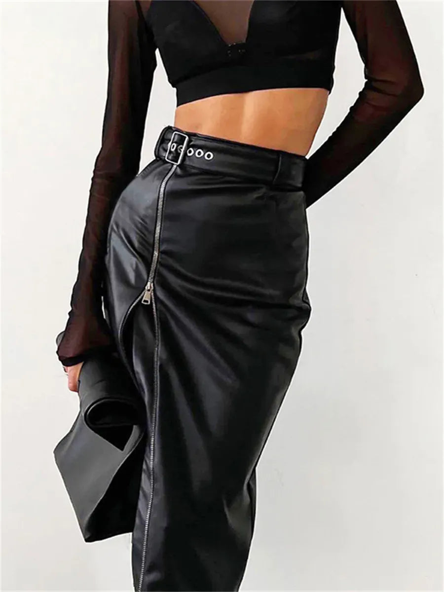 Women’s Pencil Skirt – High Waist – Faux Leather – Front Zip – High Slit – Midi Length