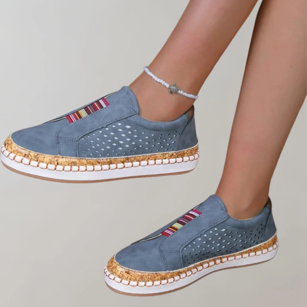 Women’s Loafers – Slip-On Comfort – Perforated Upper – Cushioned Cork-Look Sole