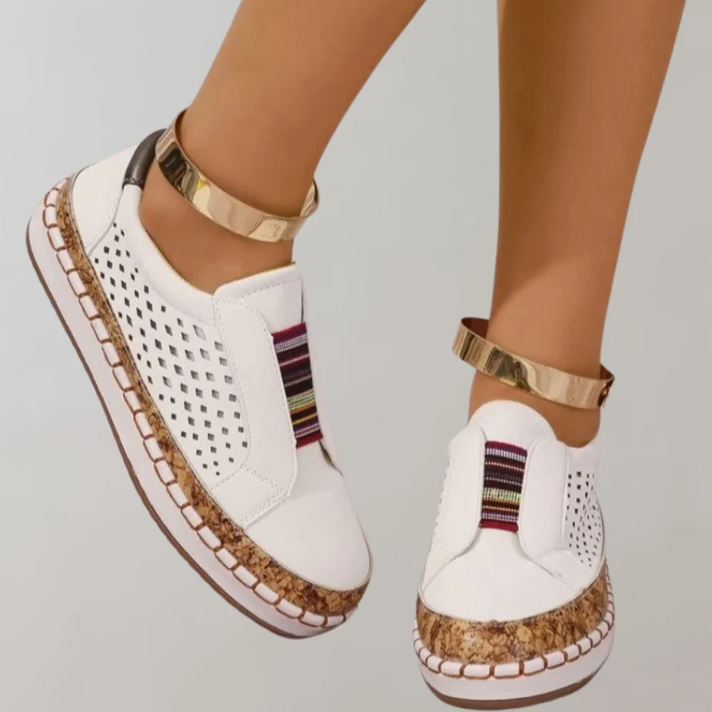 Women’s Loafers – Slip-On Comfort – Perforated Upper – Cushioned Cork-Look Sole