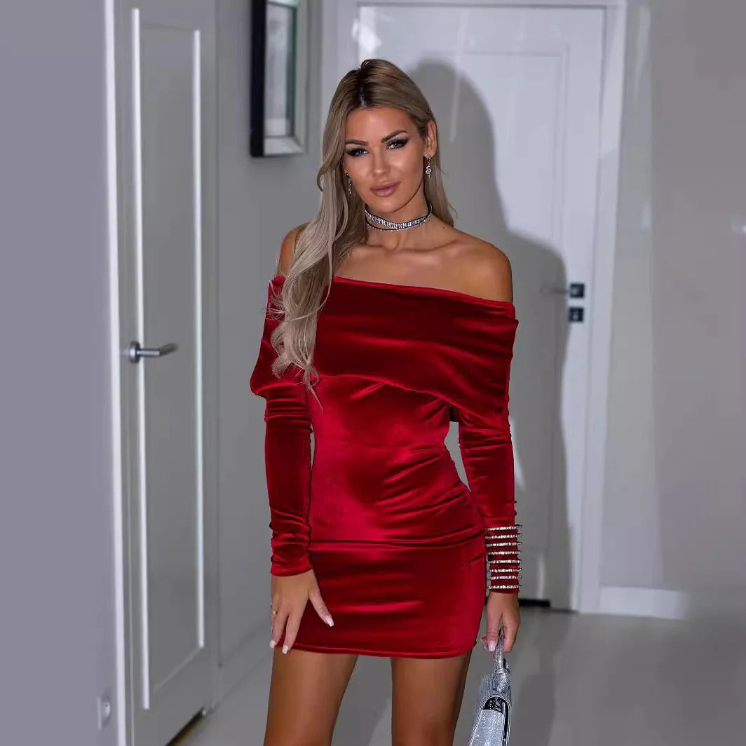 Women's Mini Dress - Velvet - Slim Fit - Off-Shoulder - Long Sleeve