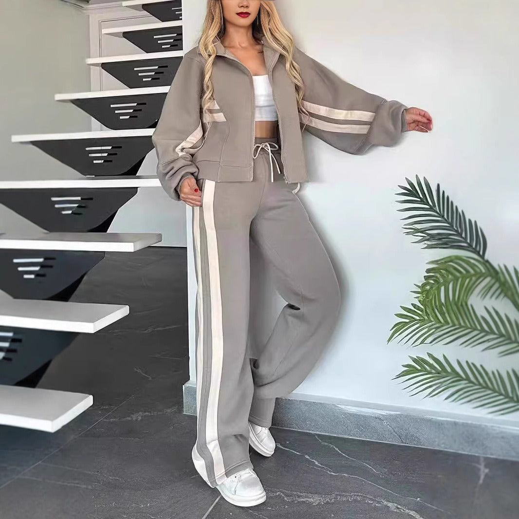 Women’s Jacket Set – Relaxed Fit – Cotton Blend – Striped Sleeve – Athleisure Wear