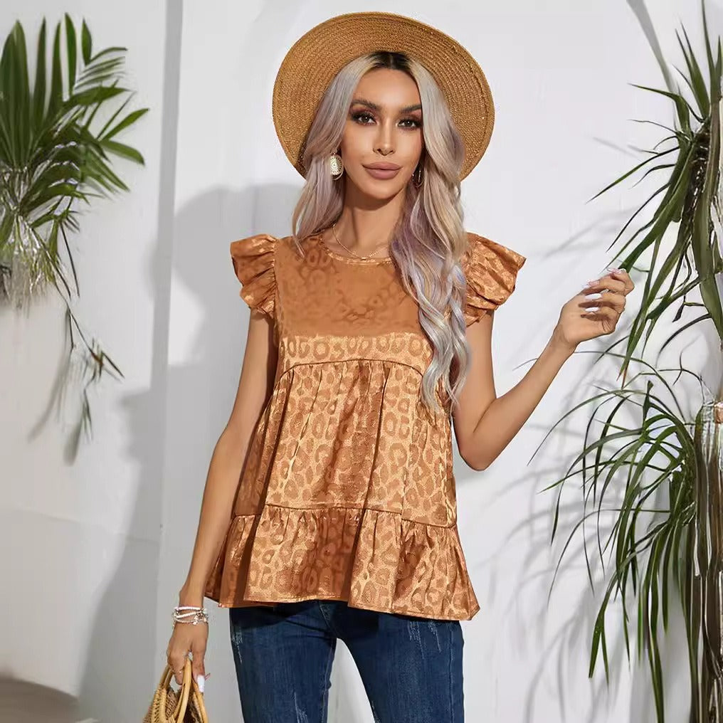 Women’s Blouse – Silk Jacquard – Relaxed Fit – Ruffled Sleeves – Hip Length