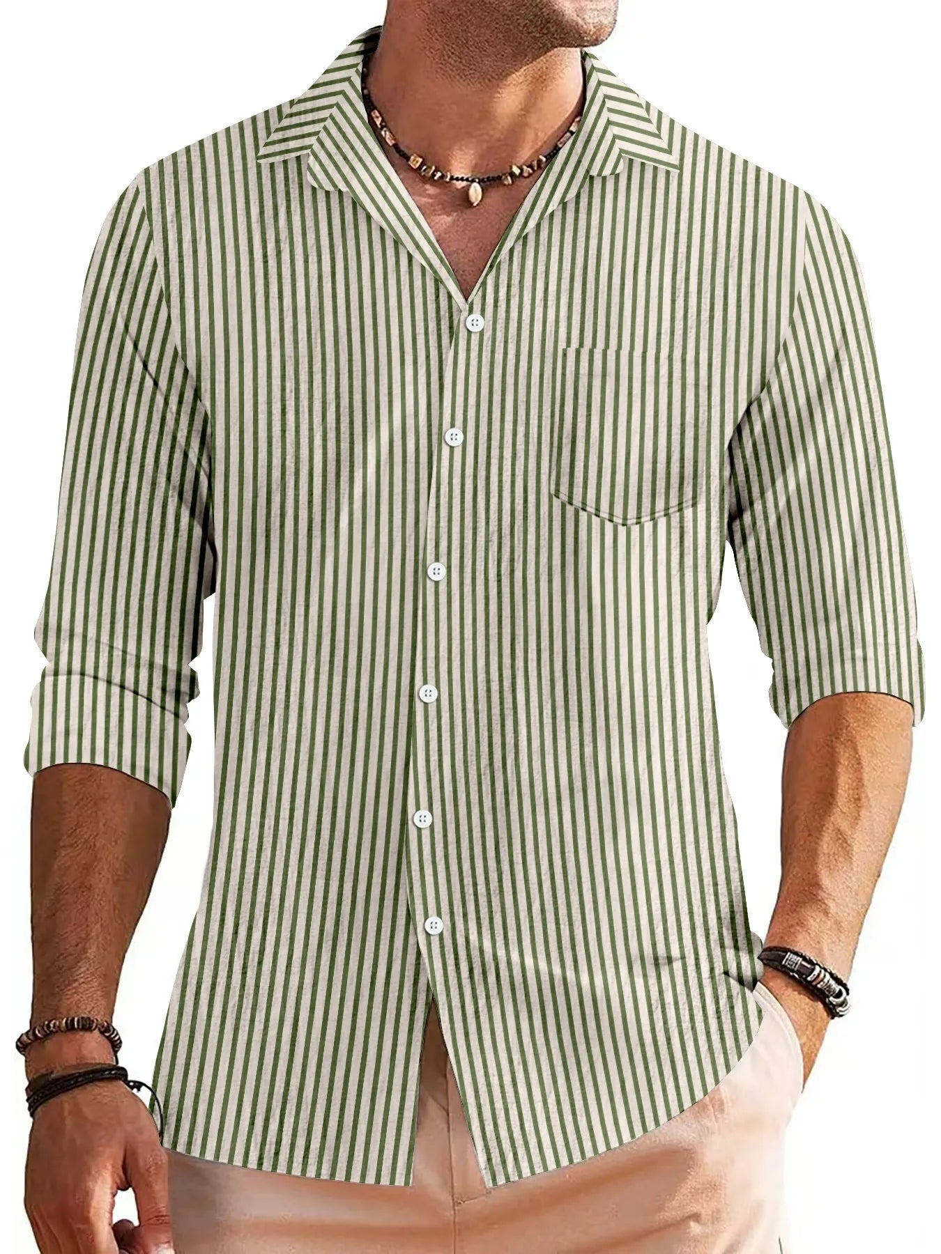 Men’s Button-Down Shirt – Cotton Blend – Regular Fit – Striped Long Sleeve Casual
