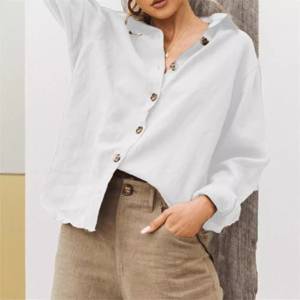 Women’s Shirt – Loose Fit – Cotton Linen – Long Sleeve – Button Front – Lapel Collar