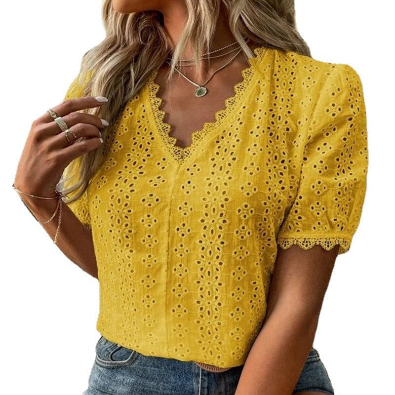 Women’s Short Sleeve Shirt – Relaxed Fit – Eyelet Pattern – Scalloped V-Neck – Cotton