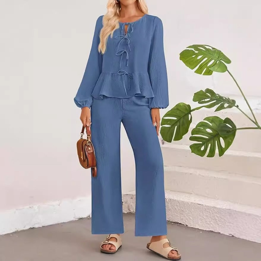Women’s Two-Piece Set – V-Neck Tie-Bow Top – High-Waist Wide-Leg Pants – Relaxed Fit