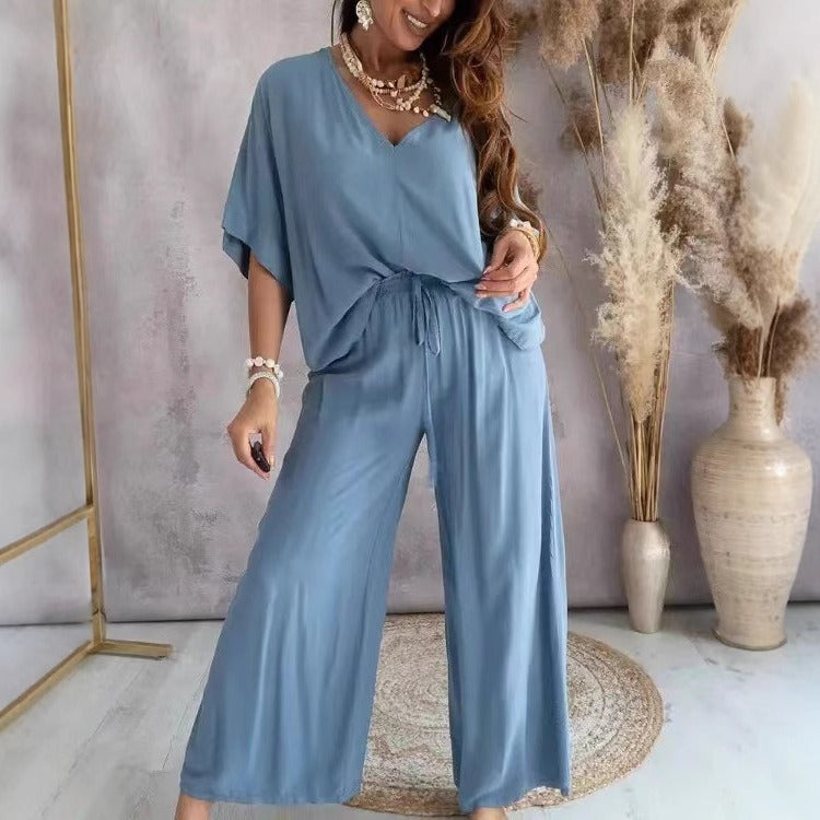 Women’s Two-Piece Set – V-Neck T-Shirt – Loose Fit – Cotton Linen – 3/4 Sleeve Casual Top