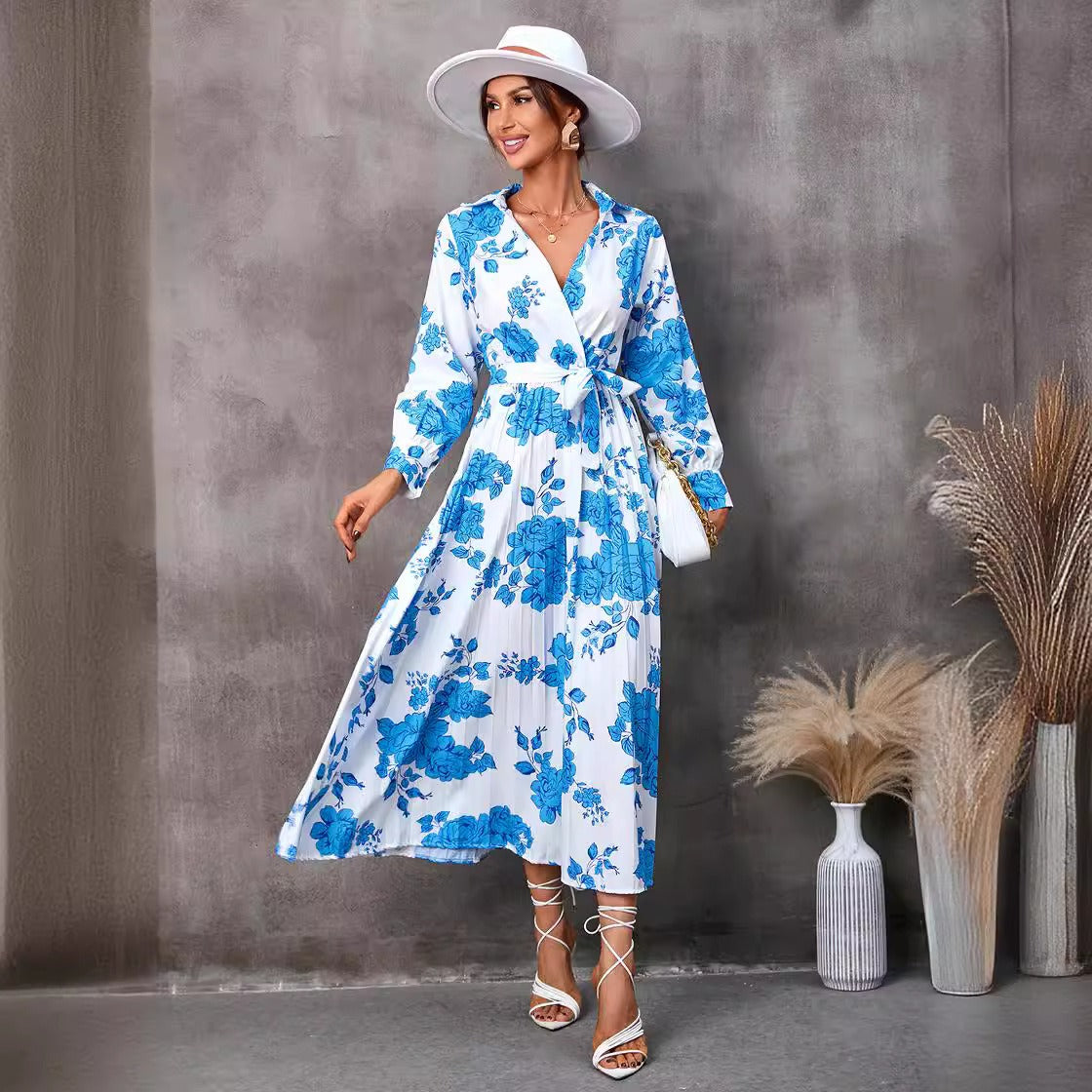 Women’s Midi Dress – Fit and Flare – V-Neck – Long Sleeve – Cotton Blend – Floral Print