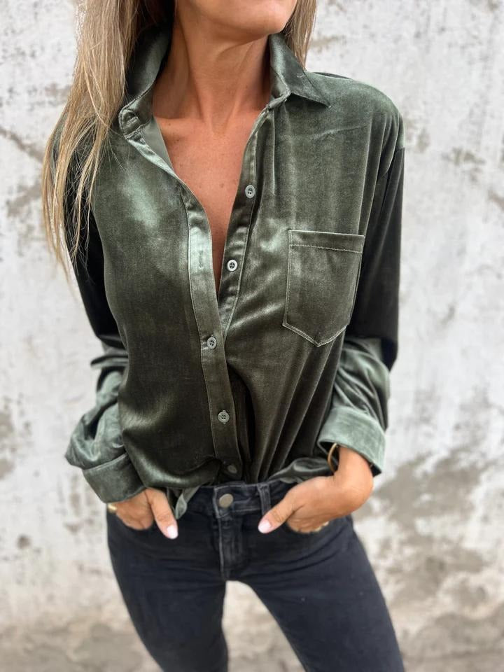 Women’s Velvet Shirt – Loose Fit – Long Sleeve – Single-Breasted Casual Style