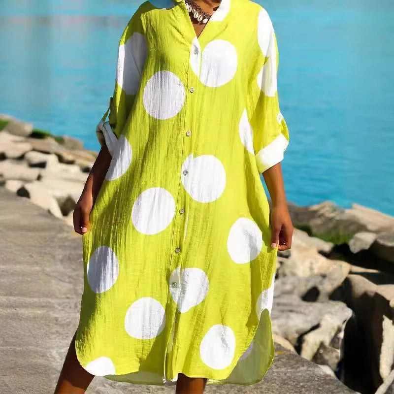 Women’s Shirt Dress – Oversized Fit – Cotton Feel – Button Down – Polka Dot – Midi Length