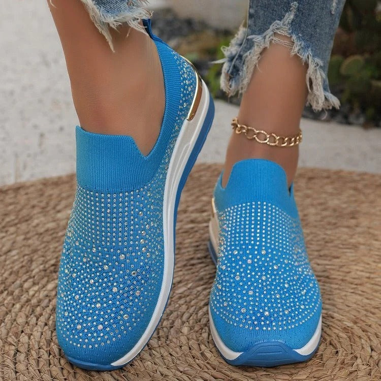 Women’s Slip-On Sneakers – Knit Upper – Glitter Detail – Cushioned Sole – Low Top