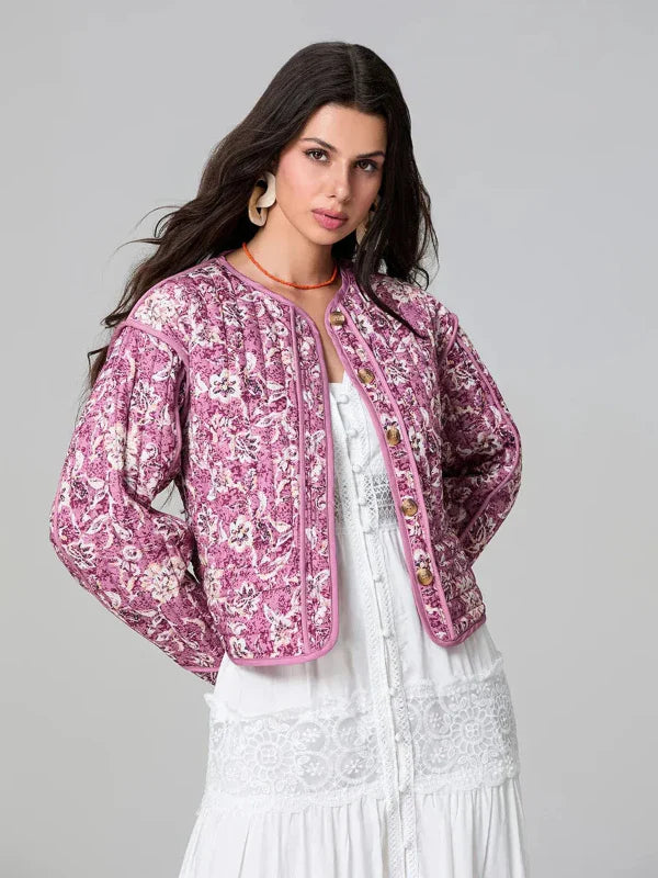 Women’s Quilted Jacket – Relaxed Fit – Floral Pattern – Button Front