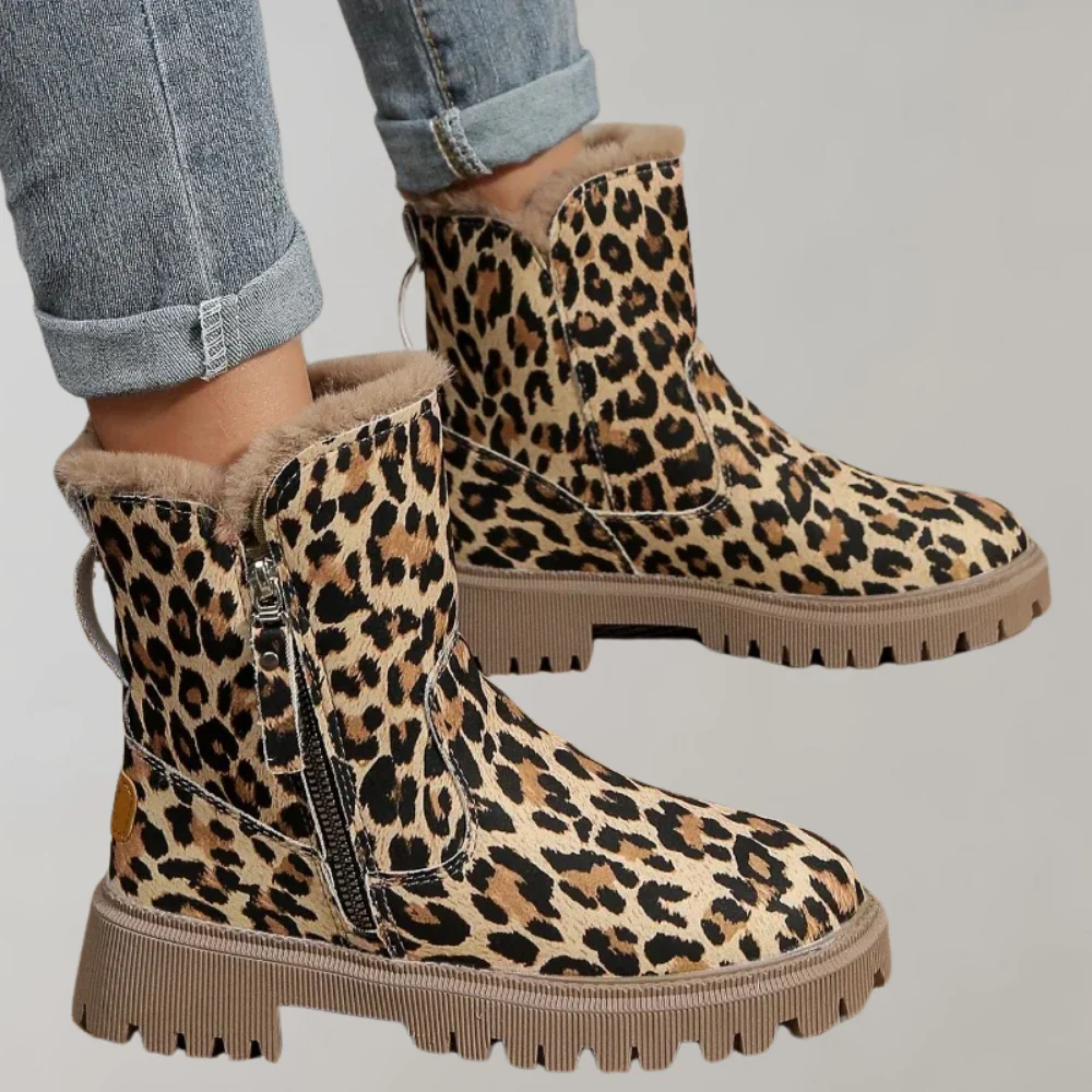 Women’s Mid-Calf Boots – Animal Print – Plush Lining – Side Zipper – Rugged Sole