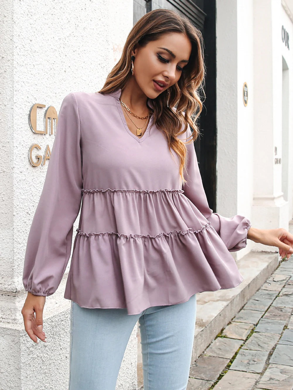 Women's Blouse - Woven - Relaxed Flowing Silhouette - V-Neck - Flounce Tier Detail