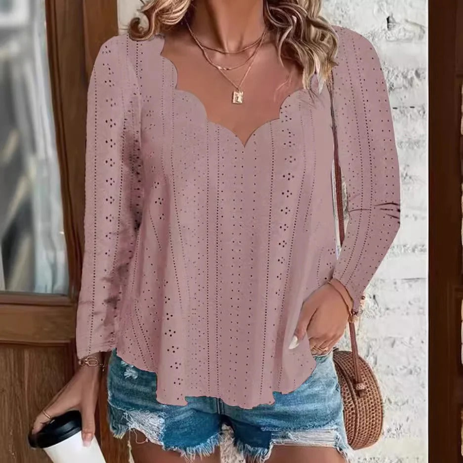 Women's Blouse - Cotton - Relaxed Flowing Silhouette - Scalloped Neckline
