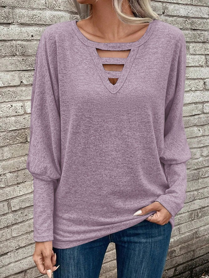 Women’s Long-Sleeve Top – Relaxed Fit – V-Neck with Cut-Out Detail