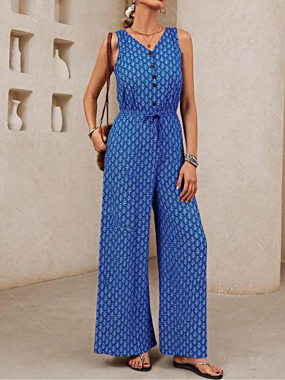 Women’s Jumpsuit – Sleeveless Relaxed Fit – V Neck – Drawstring Waist – Breathable Blend