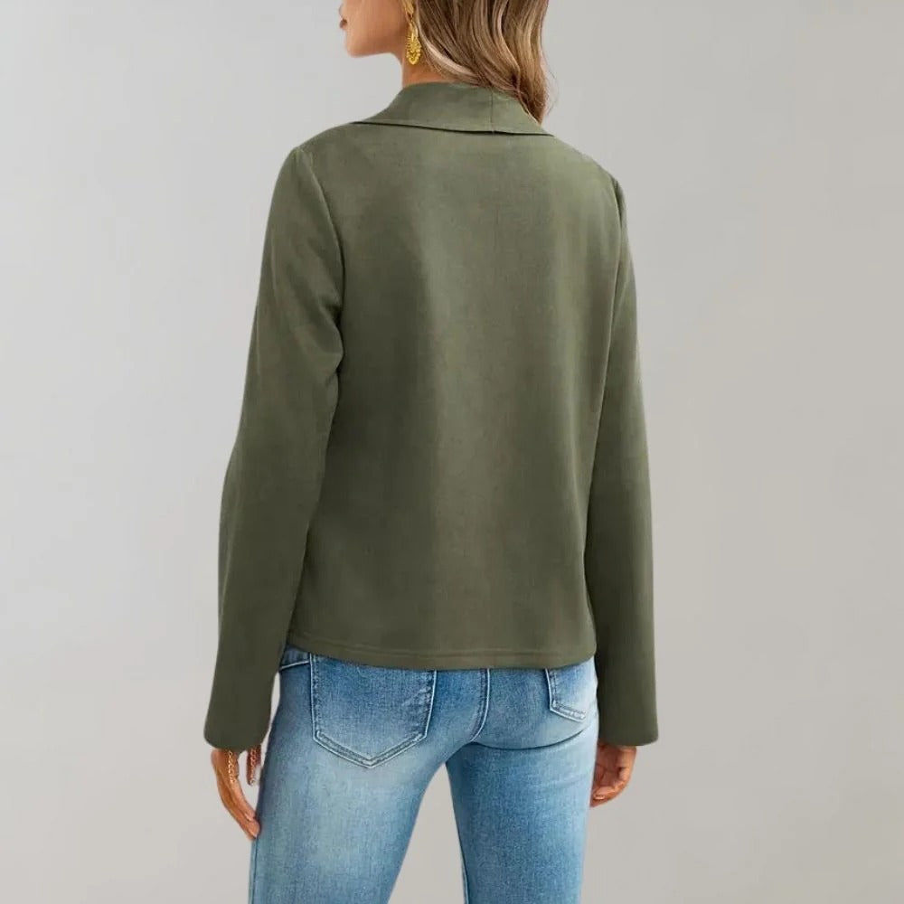 Women’s Jacket – Suede Look – Slim Fit – Waterfall Front – Full Sleeve – Hip Length