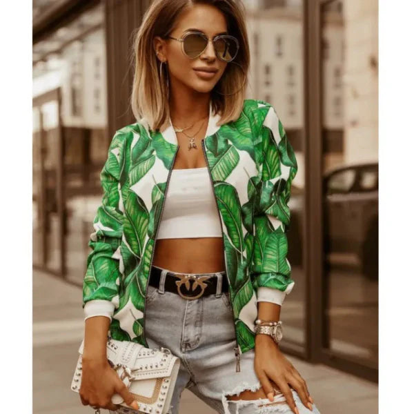 Women’s Cropped Jacket – Slim Fit – Bold Leaf Print – Zip Front – Ribbed Trim
