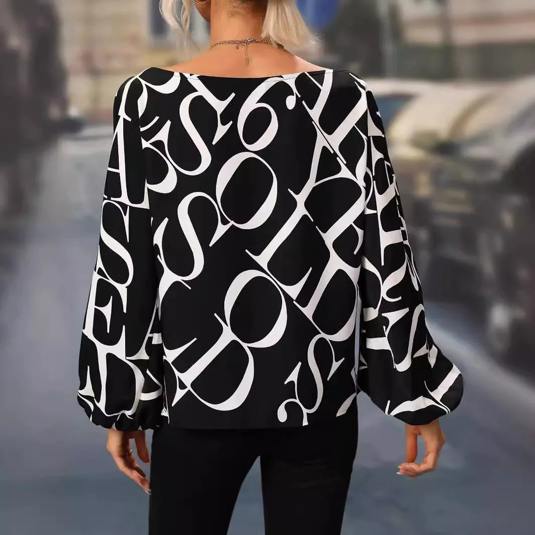 Women’s One-Shoulder Top – Loose Fit – Lantern Sleeve – Bold Graphic Print