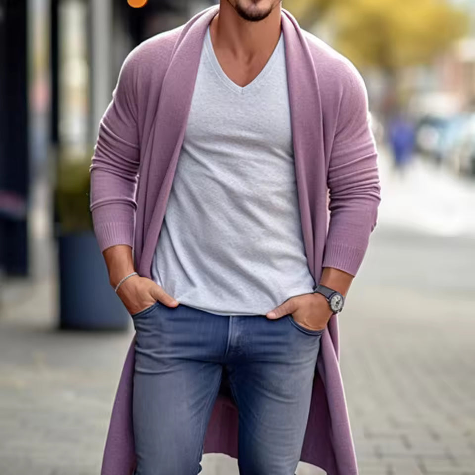 Men’s Long Cardigan – Loose Fit – Lightweight Knit – Open Front – Ribbed Cuffs