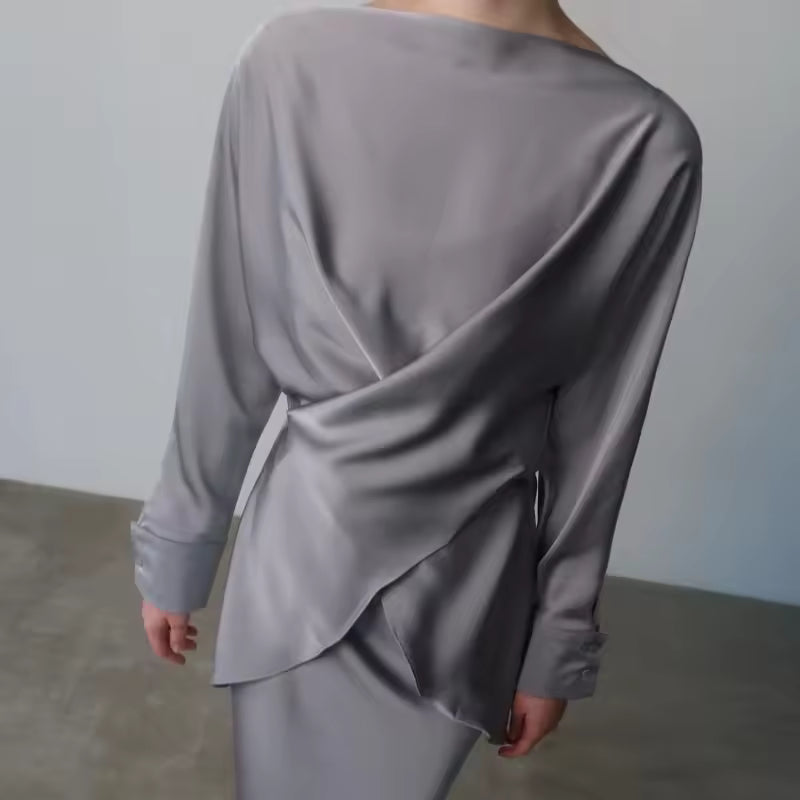 Women’s Skirt Set – Draped Long Sleeve Top – Midi Straight Skirt
