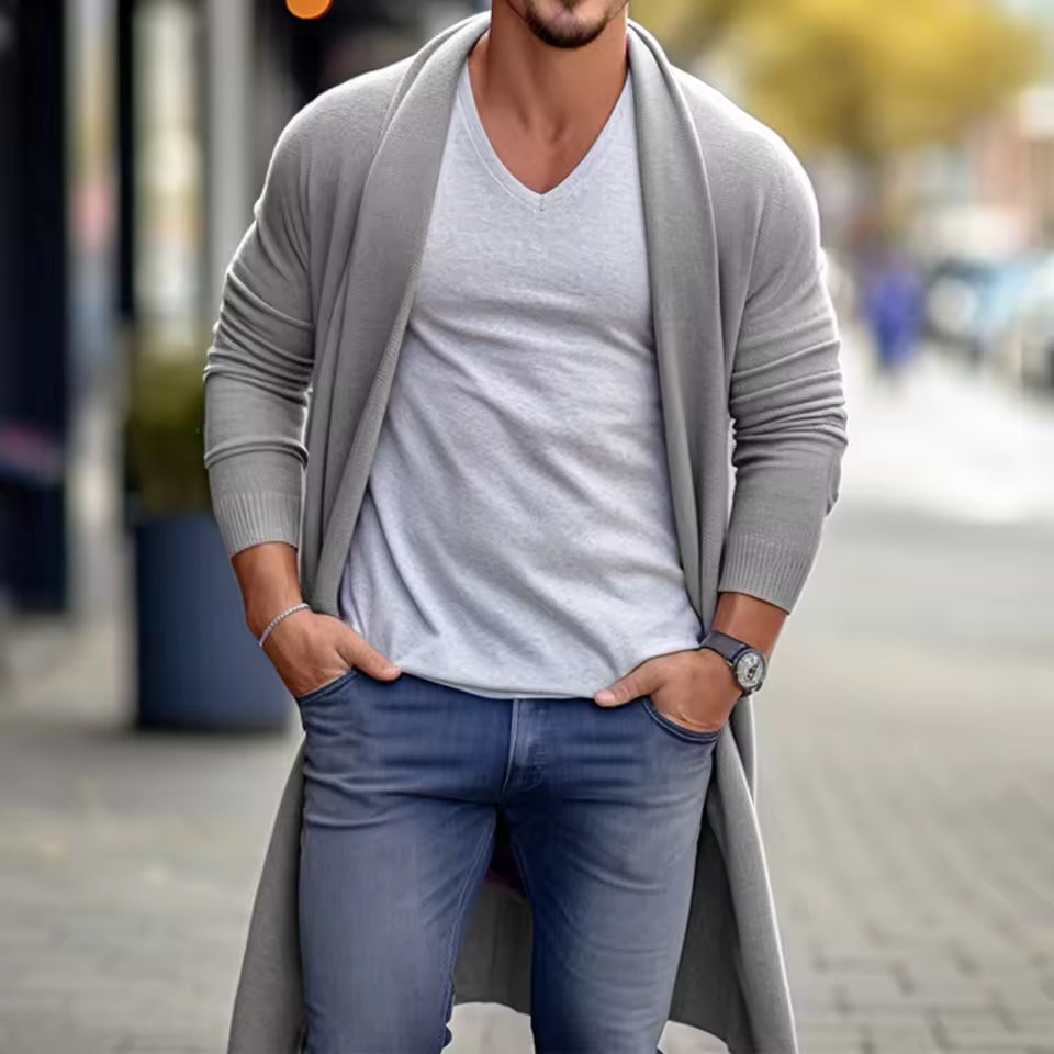 Men’s Long Cardigan – Loose Fit – Lightweight Knit – Open Front – Ribbed Cuffs