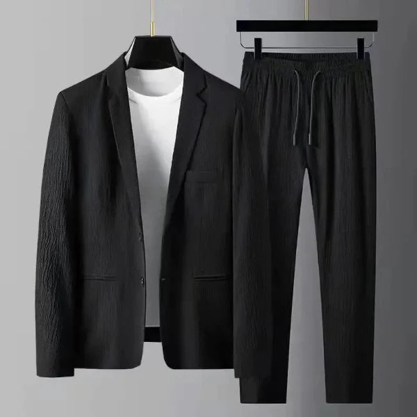 Men’s Suit Set – Tailored Jacket and Slim Leg Pants – Textured Stretch Fabric