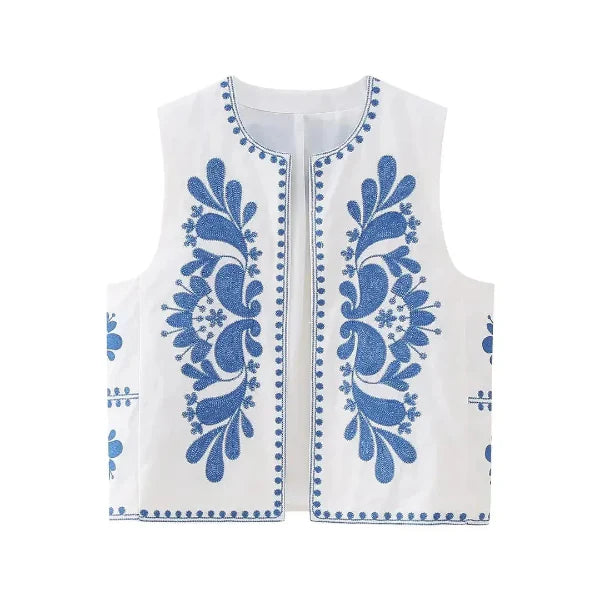 Women’s Sleeveless Vest – Tailored Fit – Woven Fabric – Floral Embroidered Trim