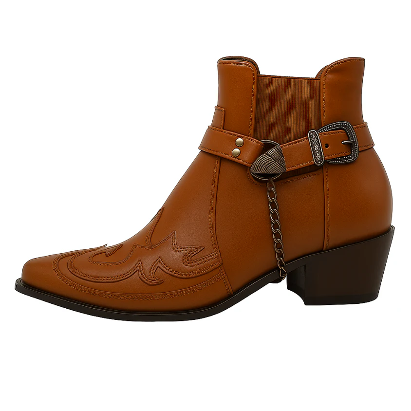 Men’s Cowboy Boots – Leather Slip-On – Ankle High – Harness Strap – Pointed Toe