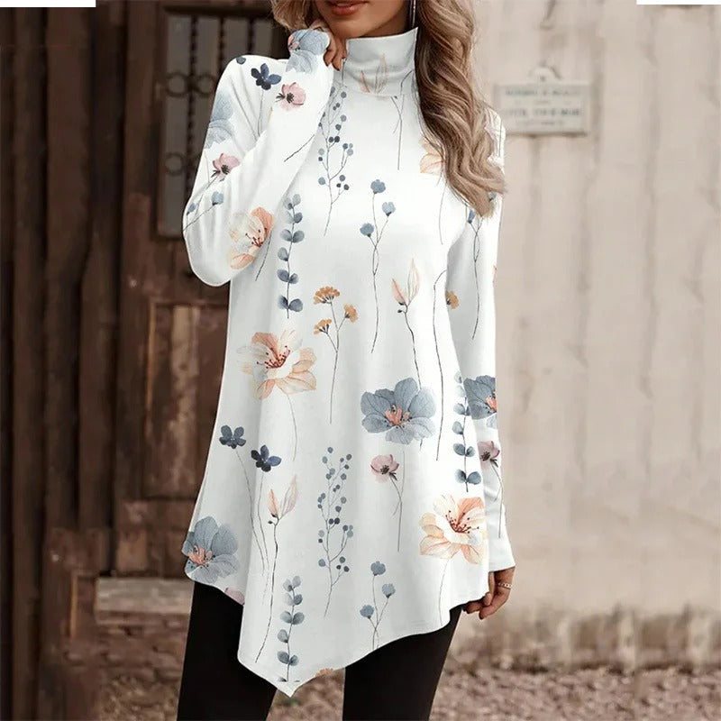 Women’s Tunic Blouse - Knit - Relaxed Fit - Stand Collar - Asymmetrical Hem