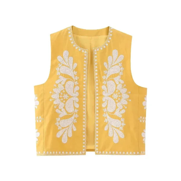 Women’s Sleeveless Vest – Tailored Fit – Woven Fabric – Floral Embroidered Trim