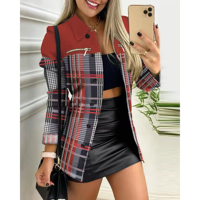 Women’s Blazer - Mid-Thigh Slim Fit- Woven Fabric - Notched Lapel - Colorblock