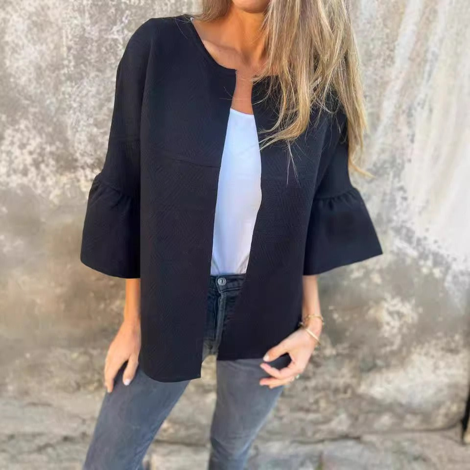 Women's Cropped Cardigan - Knit - Relaxed Fit - Three-Quarter Puff Sleeve - Open Front